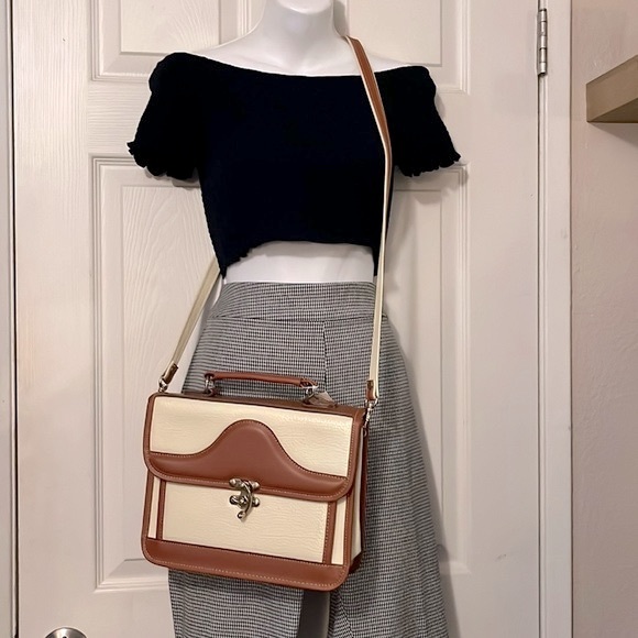 Vintage Worfly By Daeyoung Two Tone Cream & Brown Crossbody Shoulder Bag Purse - Picture 1 of 12